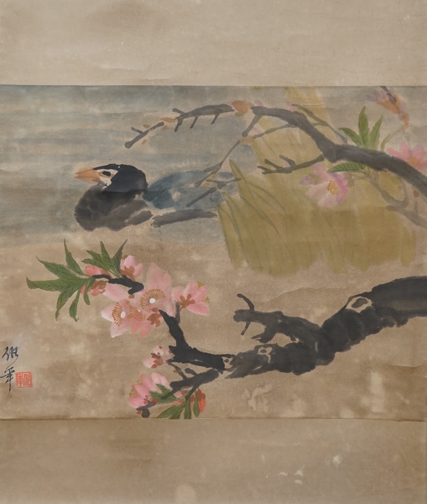 Style of Ren Yi Rei Bonian, a scroll painting of ducks. Condition - fair, some general creasing and staining